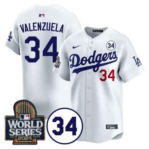 Mens Los Angeles Dodgers #34 Toro Valenzuela White 2024 World Series With No. 34 Patch Limited Stitched Baseball Jersey